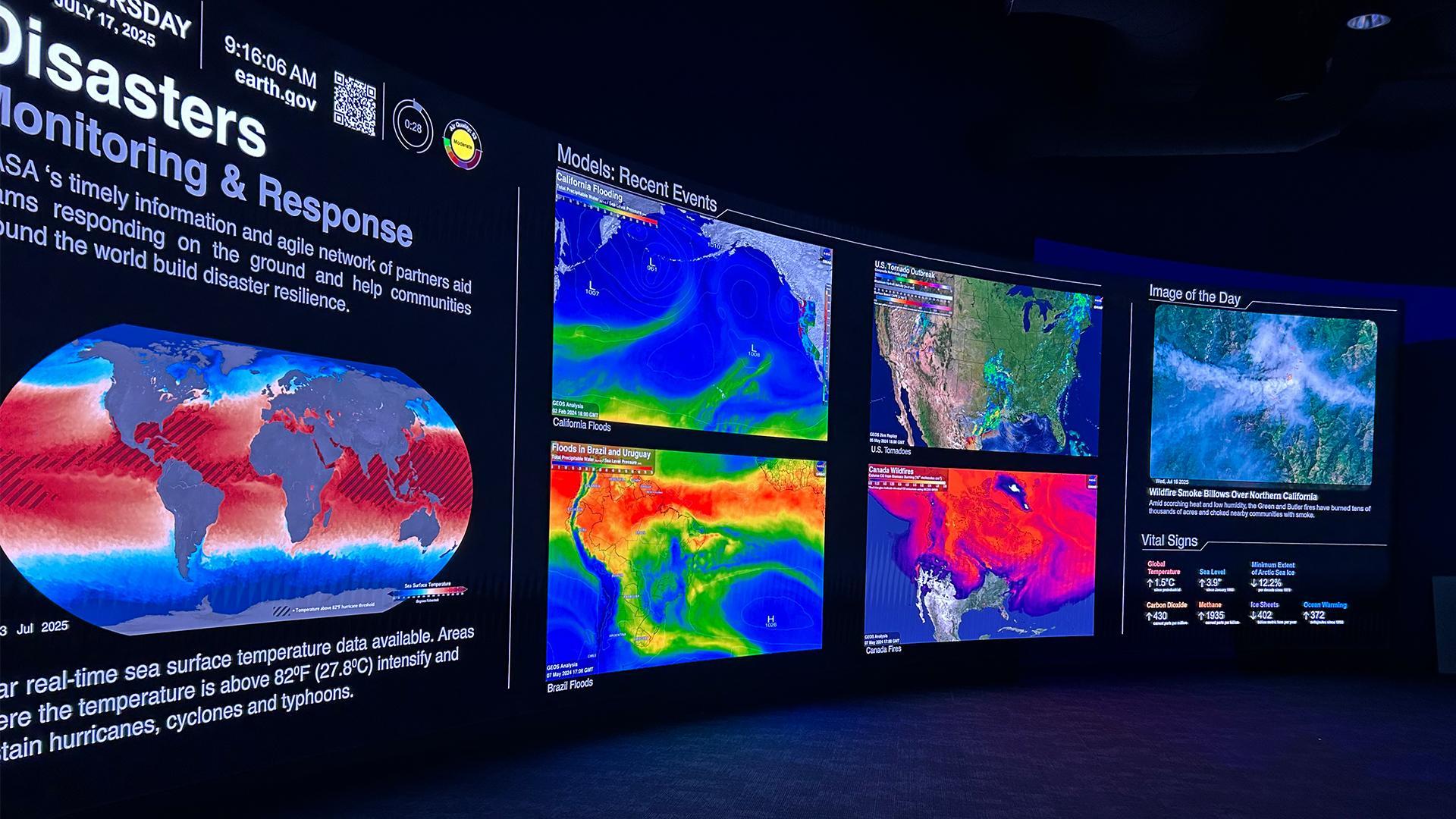 The Earth Information Center's Hyperwall showing disasters dashboard at Kennedy Space Center.